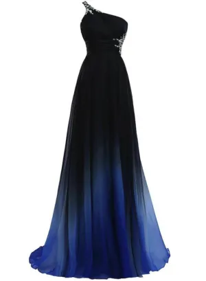 Gradient Blue One Shoulder Beaded Elegant Party Dress, Beautiful Prom Dress, Party Dress 2019