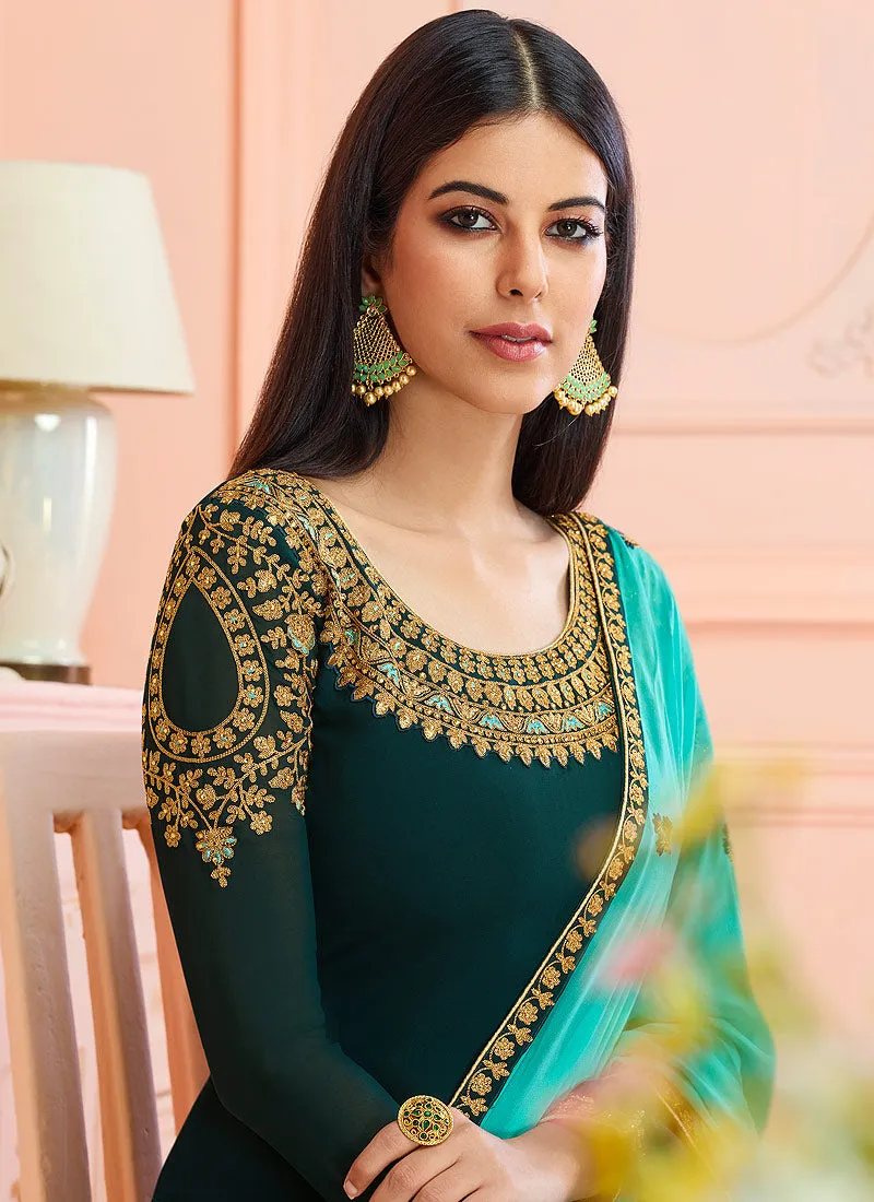 Green And Blue Traditional Embroidered Pant Style Suit