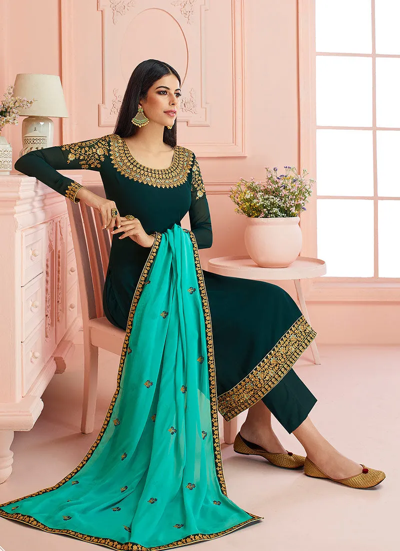 Green And Blue Traditional Embroidered Pant Style Suit
