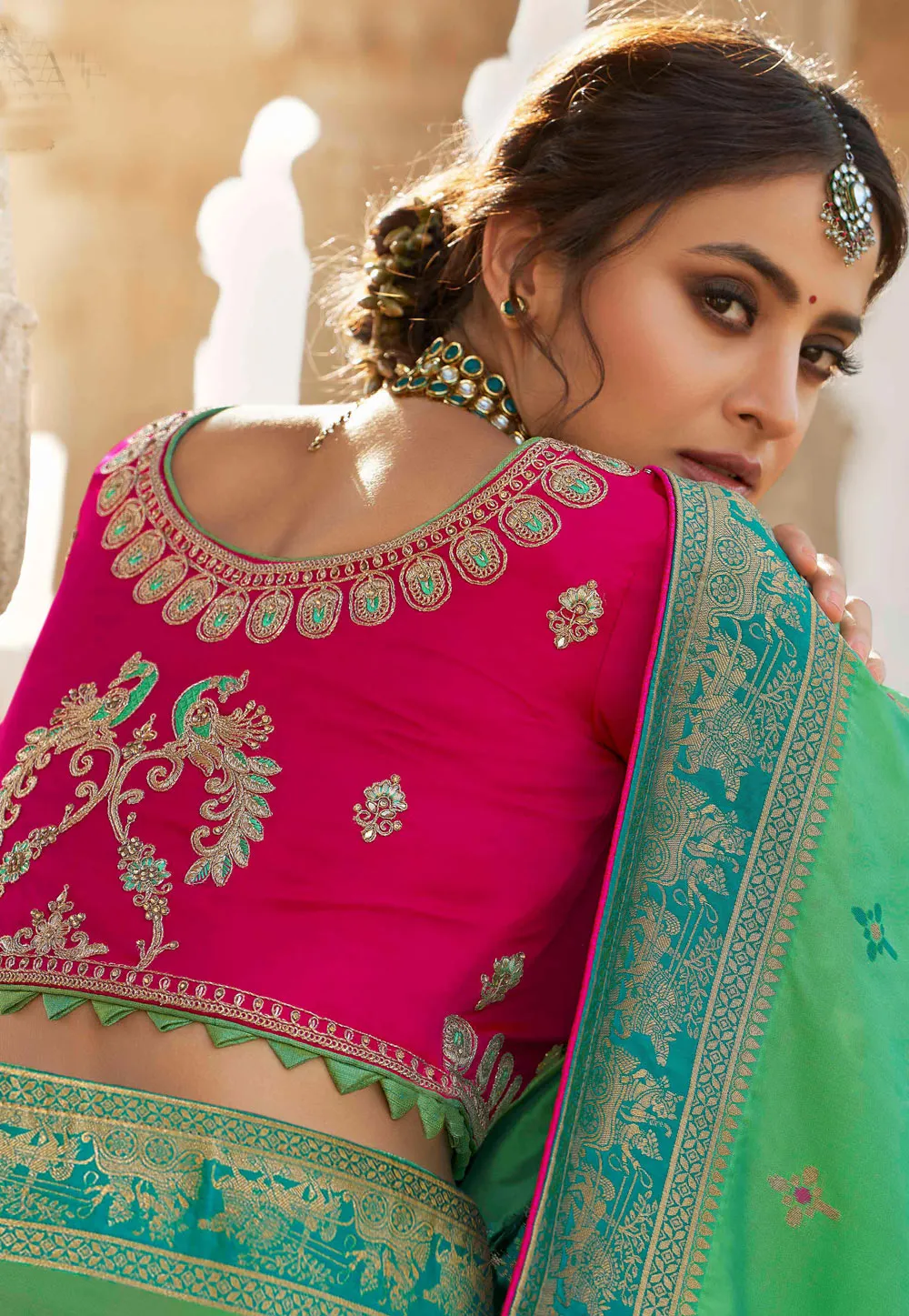 Green And Pink Embroidered Wedding Saree