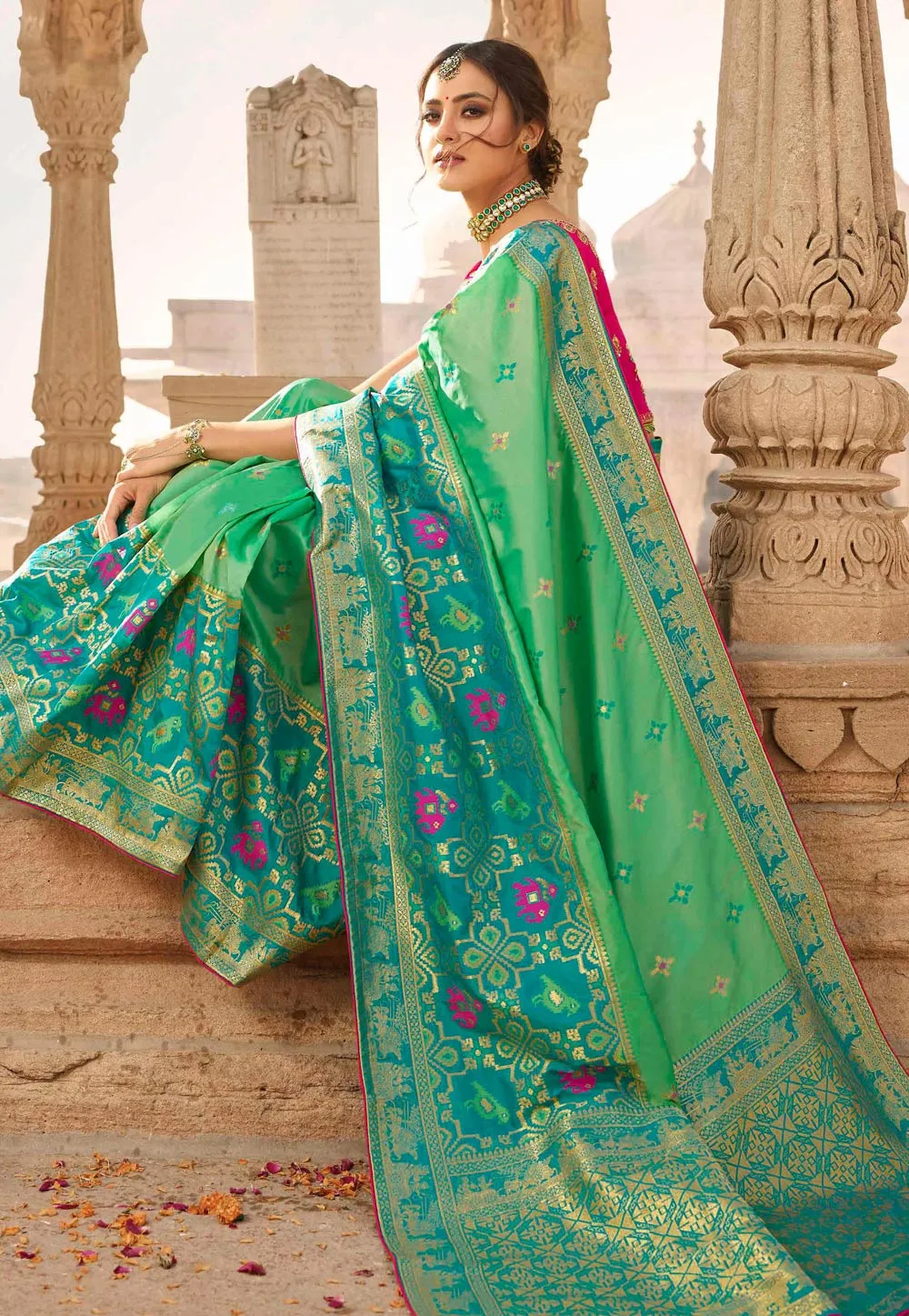 Green And Pink Embroidered Wedding Saree