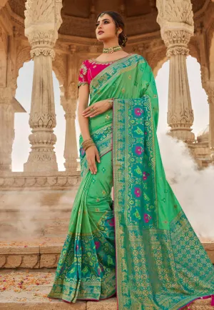 Green And Pink Embroidered Wedding Saree