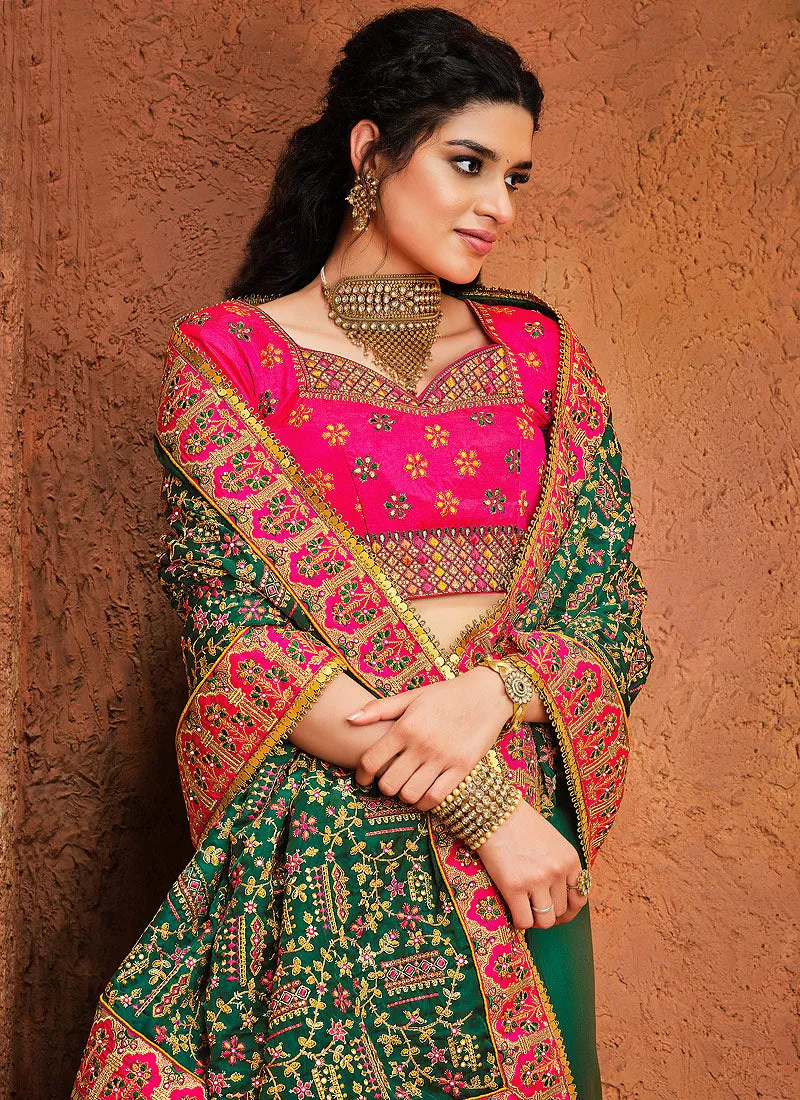 Green And Pink Multi Embroidered Designer Saree