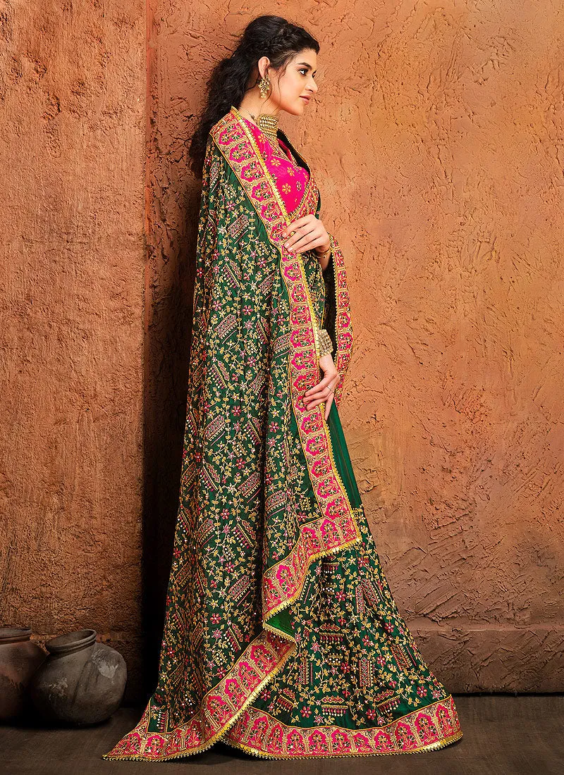 Green And Pink Multi Embroidered Designer Saree