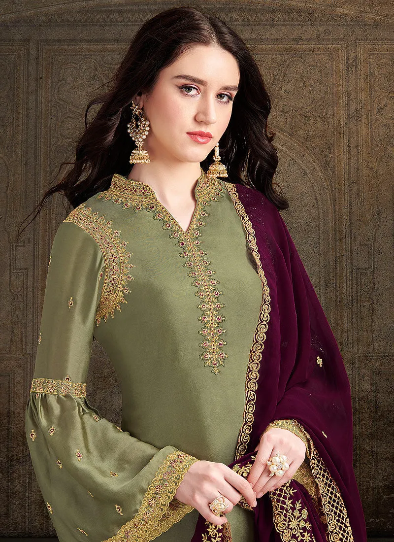 Green And Plum Designer Sharara Suit