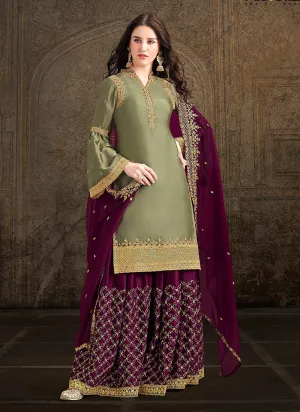 Green And Plum Designer Sharara Suit