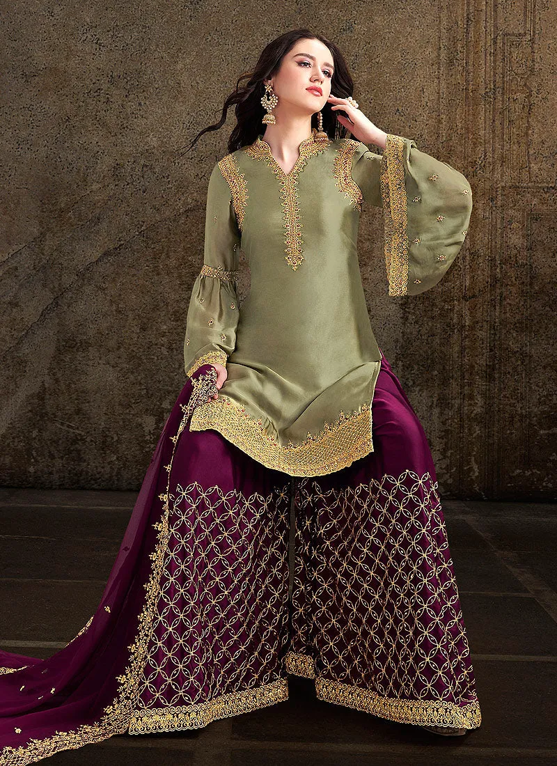 Green And Plum Designer Sharara Suit