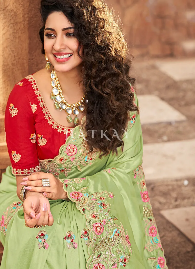 Green And Red Multi Embroidered Partywear Saree