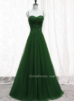 Green Beaded Tulle Sweetheart Tulle A-line Prom Dreess, Green Formal Dress Long Evening Dress