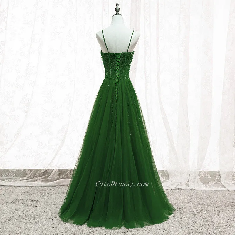 Green Beaded Tulle Sweetheart Tulle A-line Prom Dreess, Green Formal Dress Long Evening Dress