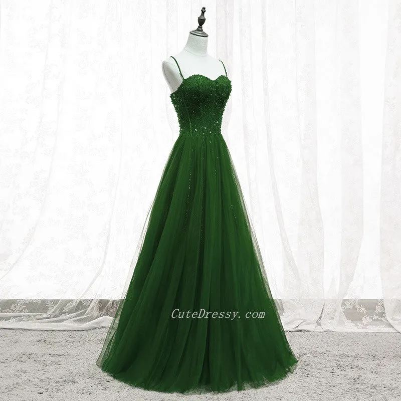 Green Beaded Tulle Sweetheart Tulle A-line Prom Dreess, Green Formal Dress Long Evening Dress
