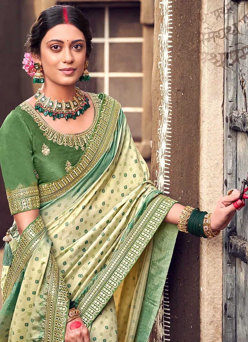 Green Digital Prints And Soraski Work Silk Saree