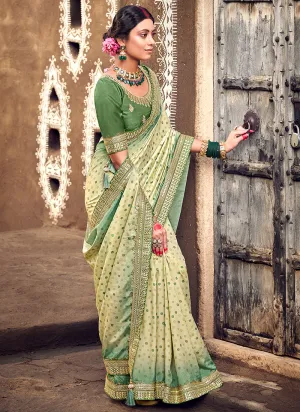 Green Digital Prints And Soraski Work Silk Saree