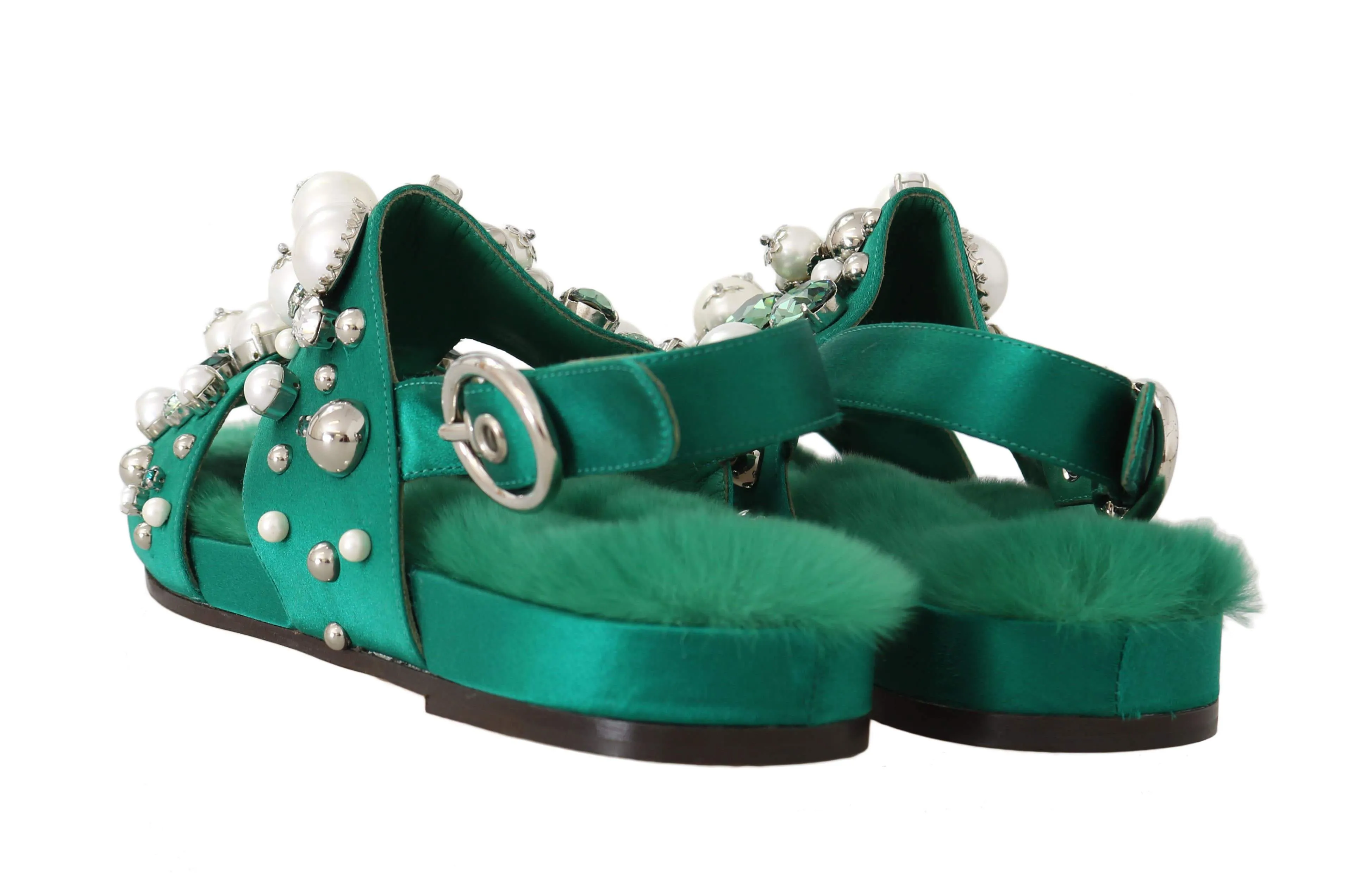 Green Fur Silk Crystal Flats Sandals