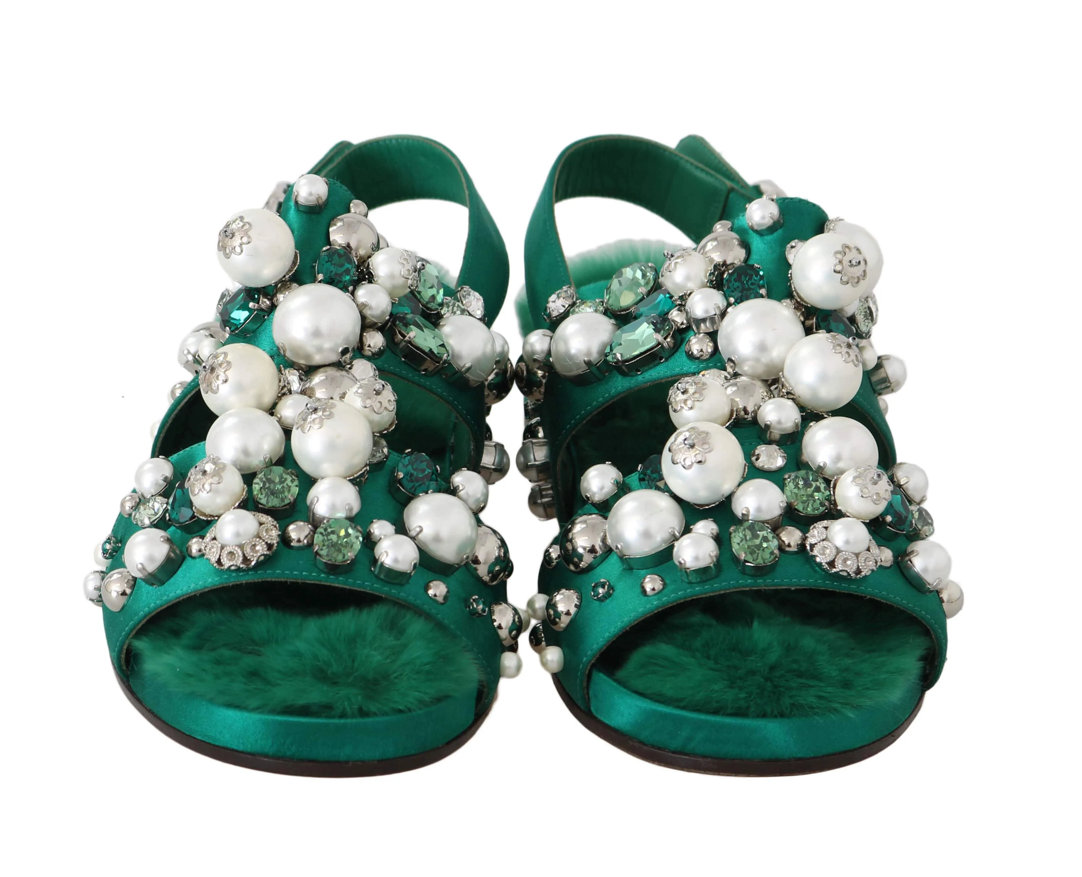 Green Fur Silk Crystal Flats Sandals