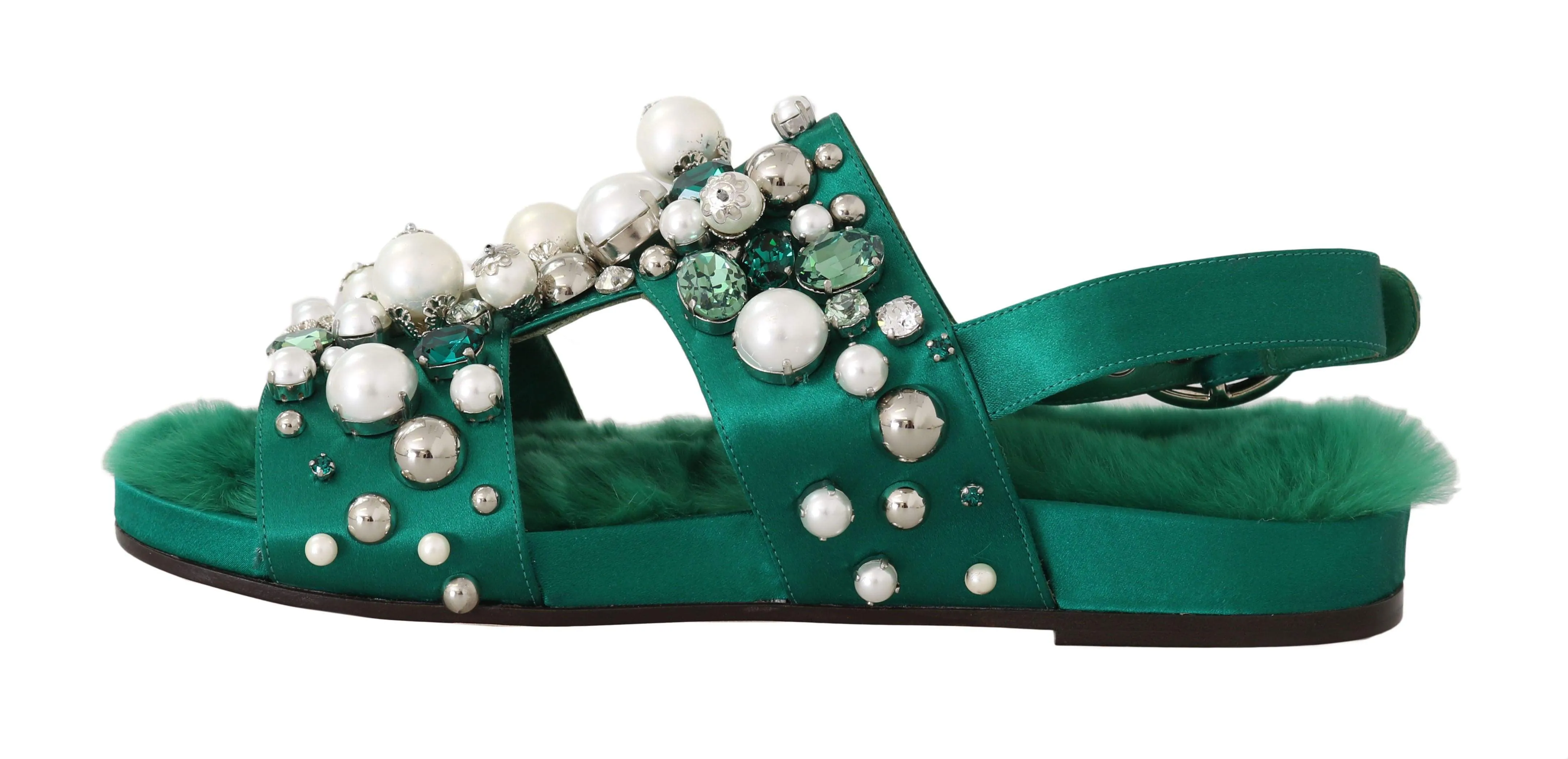 Green Fur Silk Crystal Flats Sandals