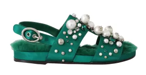 Green Fur Silk Crystal Flats Sandals