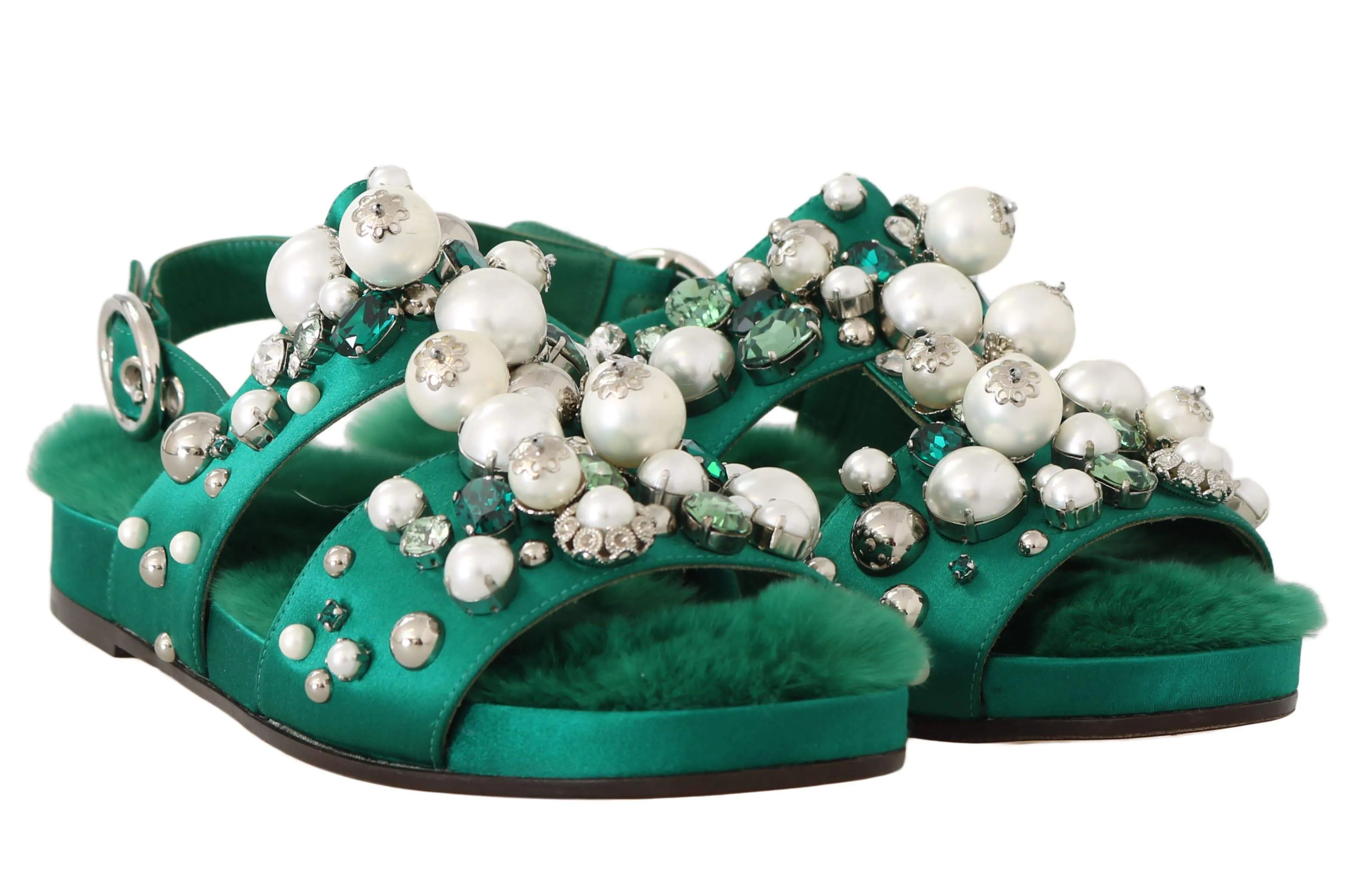 Green Fur Silk Crystal Flats Sandals