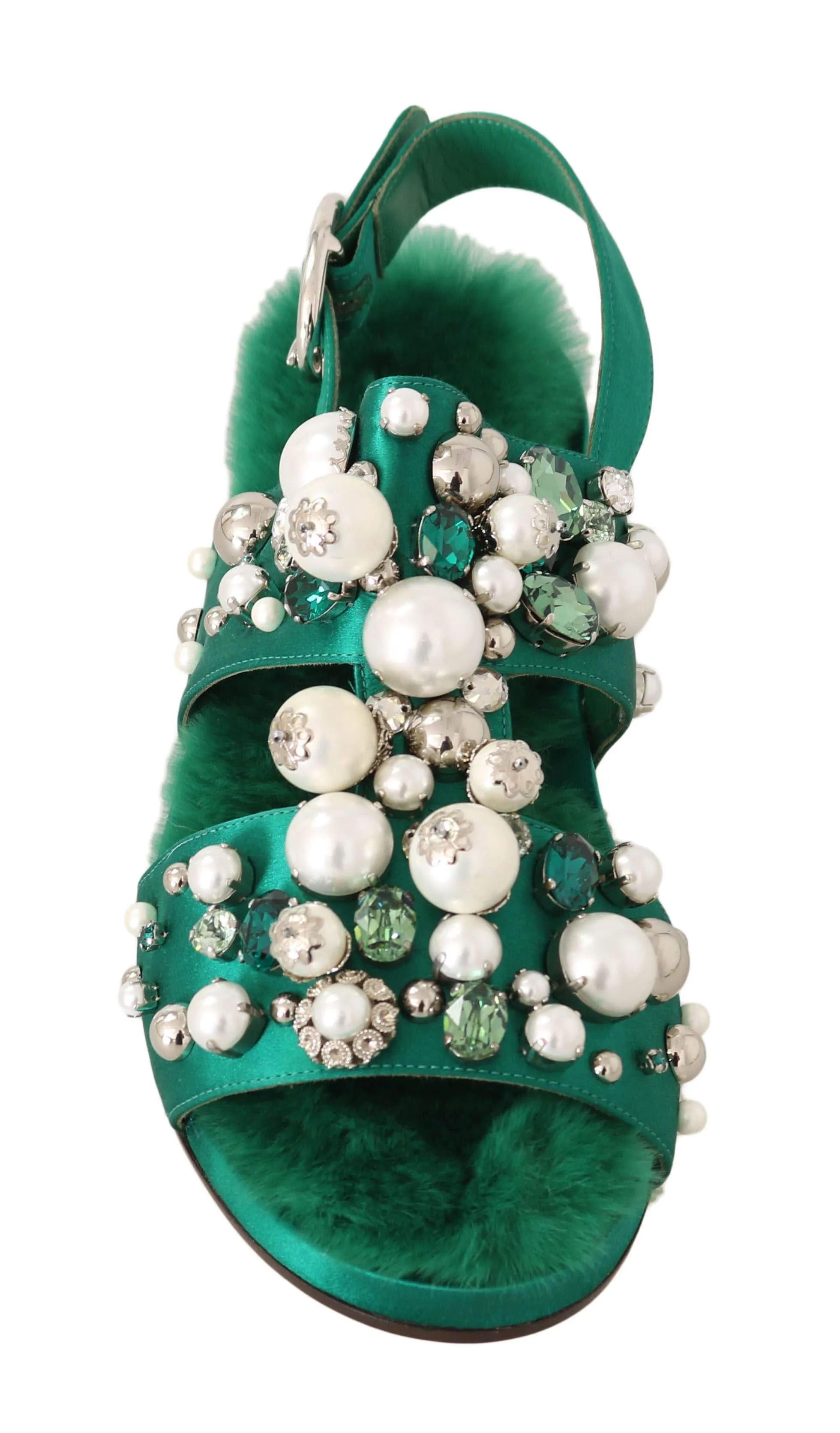 Green Fur Silk Crystal Flats Sandals