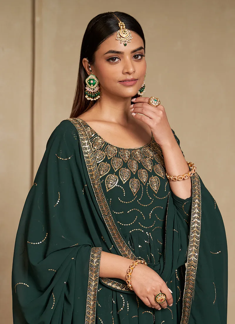 Green Golden Embroidery Festive Anarkali Gown