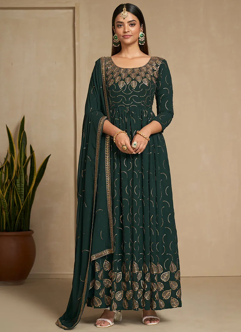 Green Golden Embroidery Festive Anarkali Gown