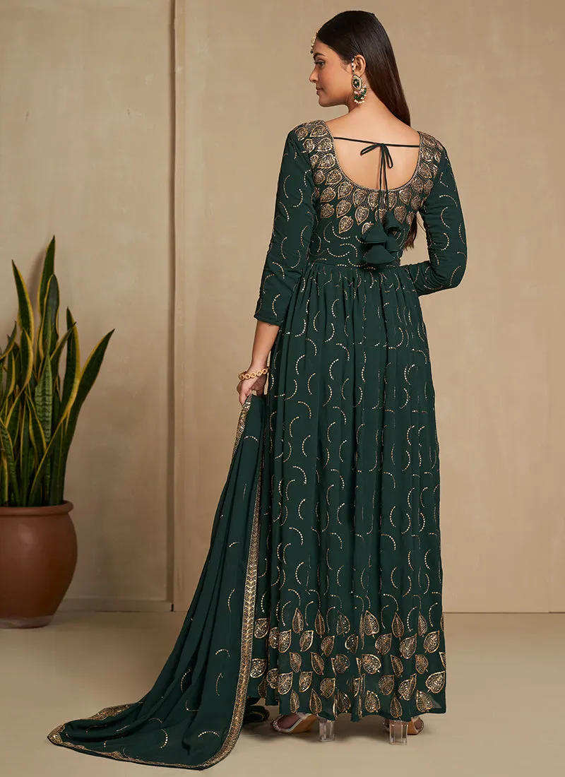 Green Golden Embroidery Festive Anarkali Gown