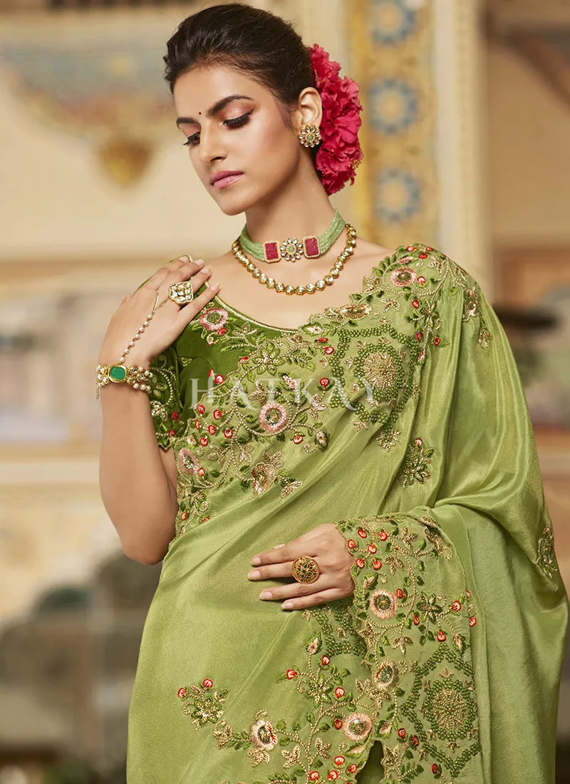 Green Multi Embroidered Traditional Saree