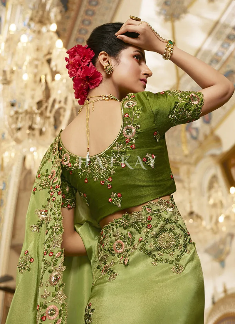 Green Multi Embroidered Traditional Saree