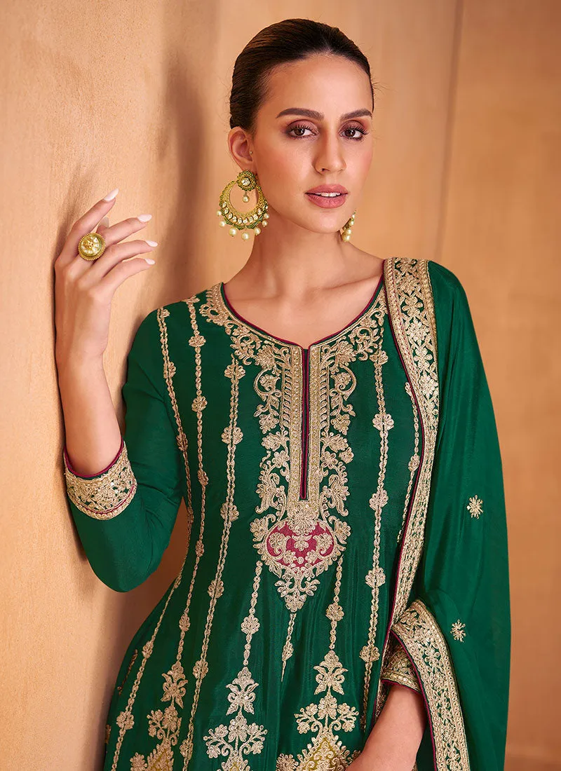 Green Multi Embroidery Anarkali Pant Suit