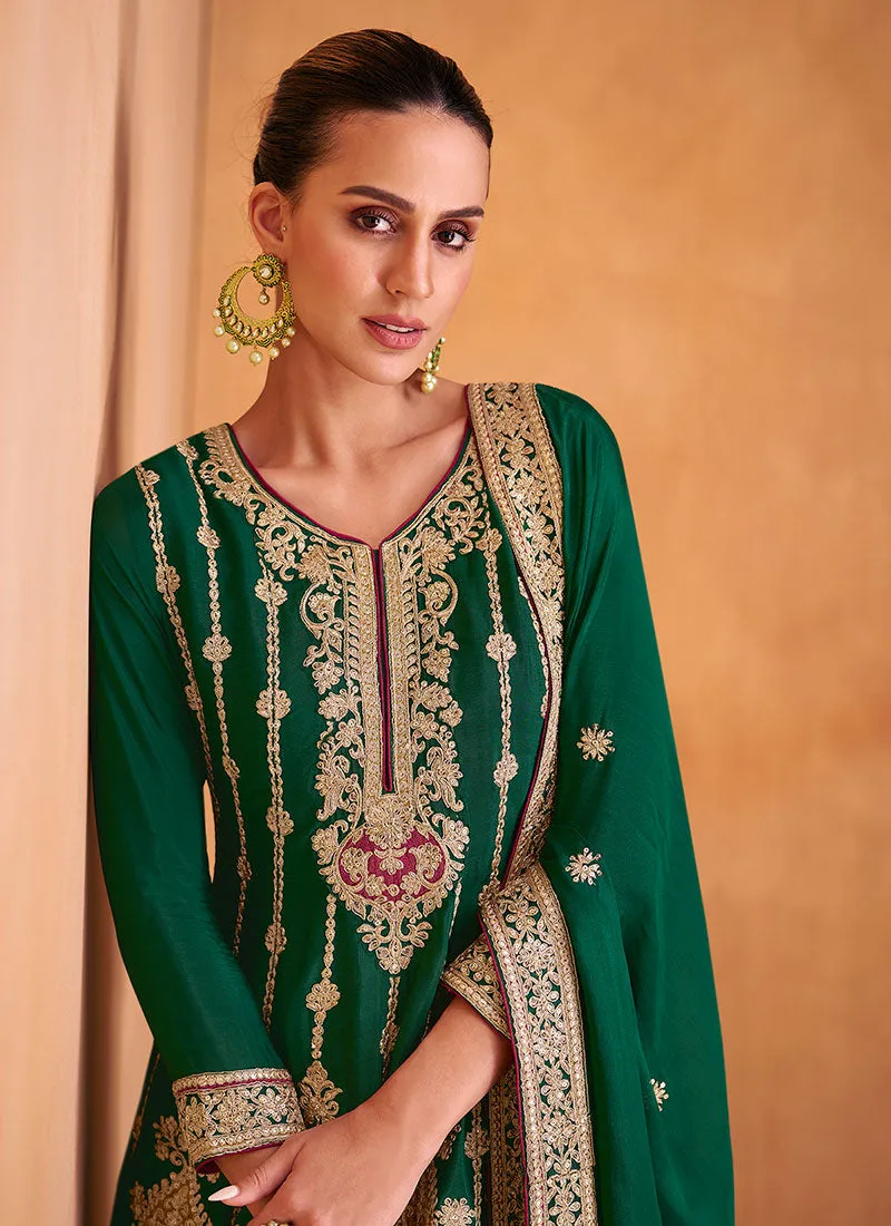 Green Multi Embroidery Anarkali Pant Suit