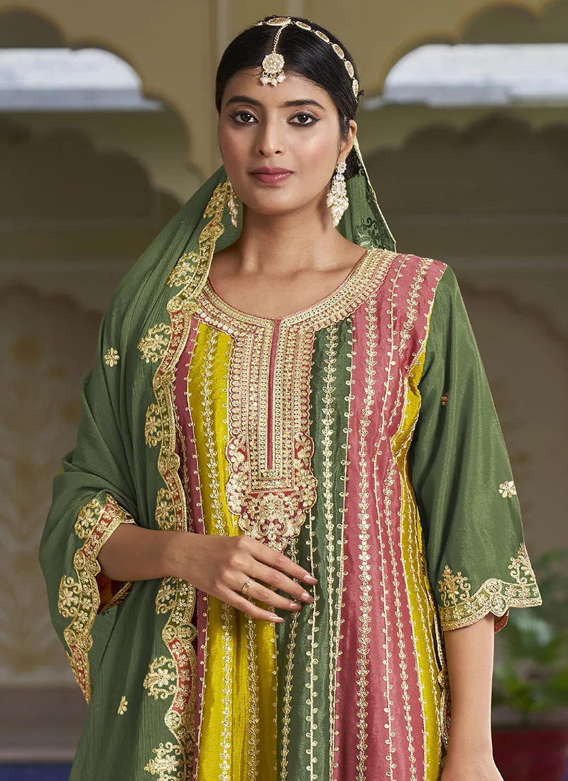 Green Multi Embroidery Wedding Gharara Style Suit