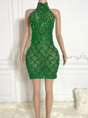 Green See Through and Big Rhinestone Sleeveless Mini Dress