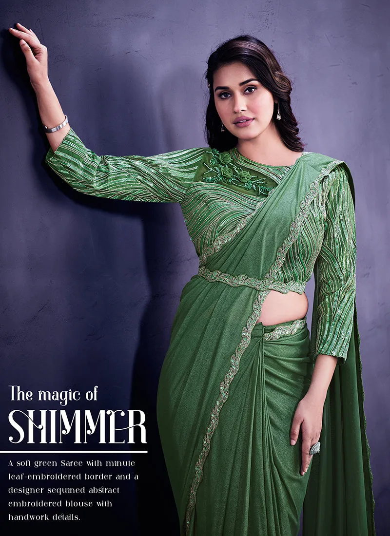 Green Sequence And Appliqué Embroidery Wedding Saree