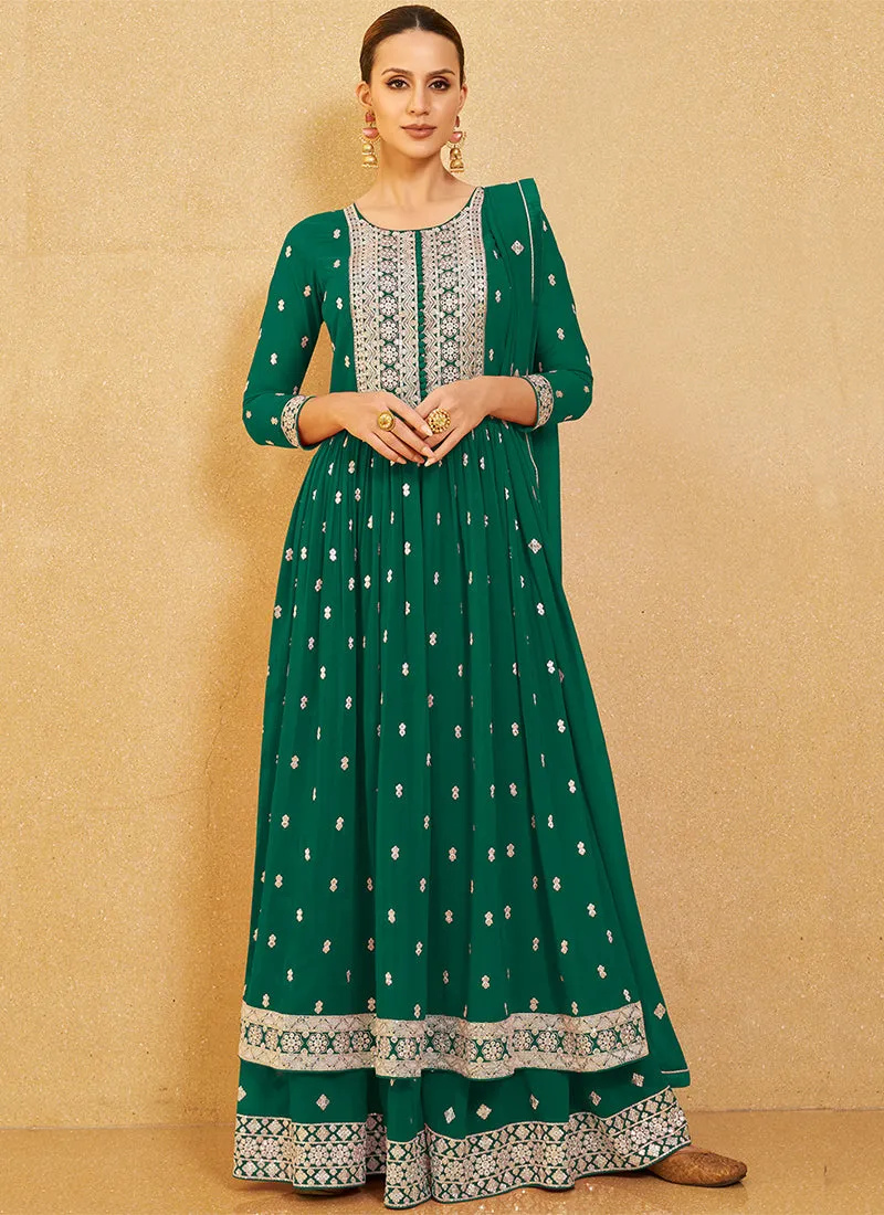 Green Sequence Embroidery High Slit Palazzo Suit