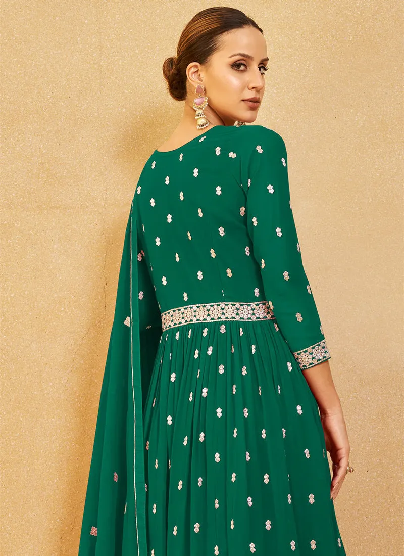 Green Sequence Embroidery High Slit Palazzo Suit