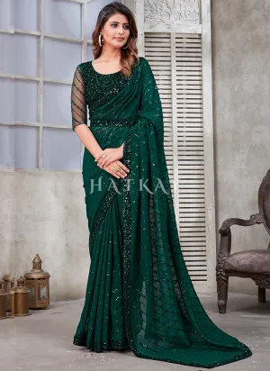 Green Sequence Embroidery Organza Silk Saree With Belt