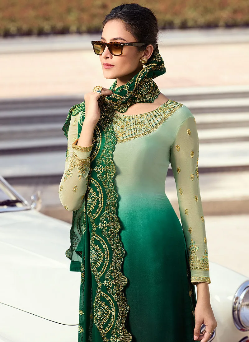 Green Shaded Embroidered Lehenga Style Suit
