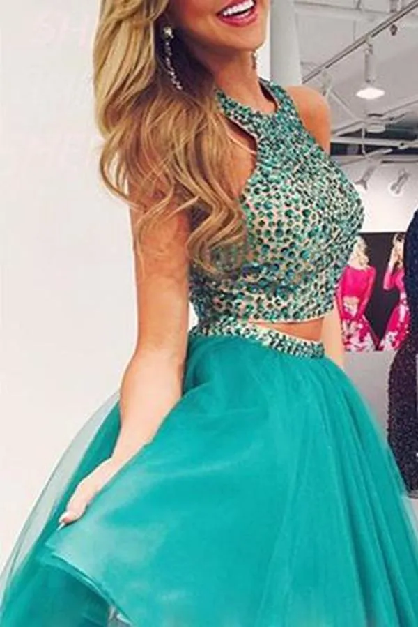 Green Two Piece Beaded Chiffon Halter Homecoming Dresses Party Dress, MH366