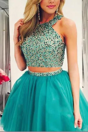 Green Two Piece Beaded Chiffon Halter Homecoming Dresses Party Dress, MH366
