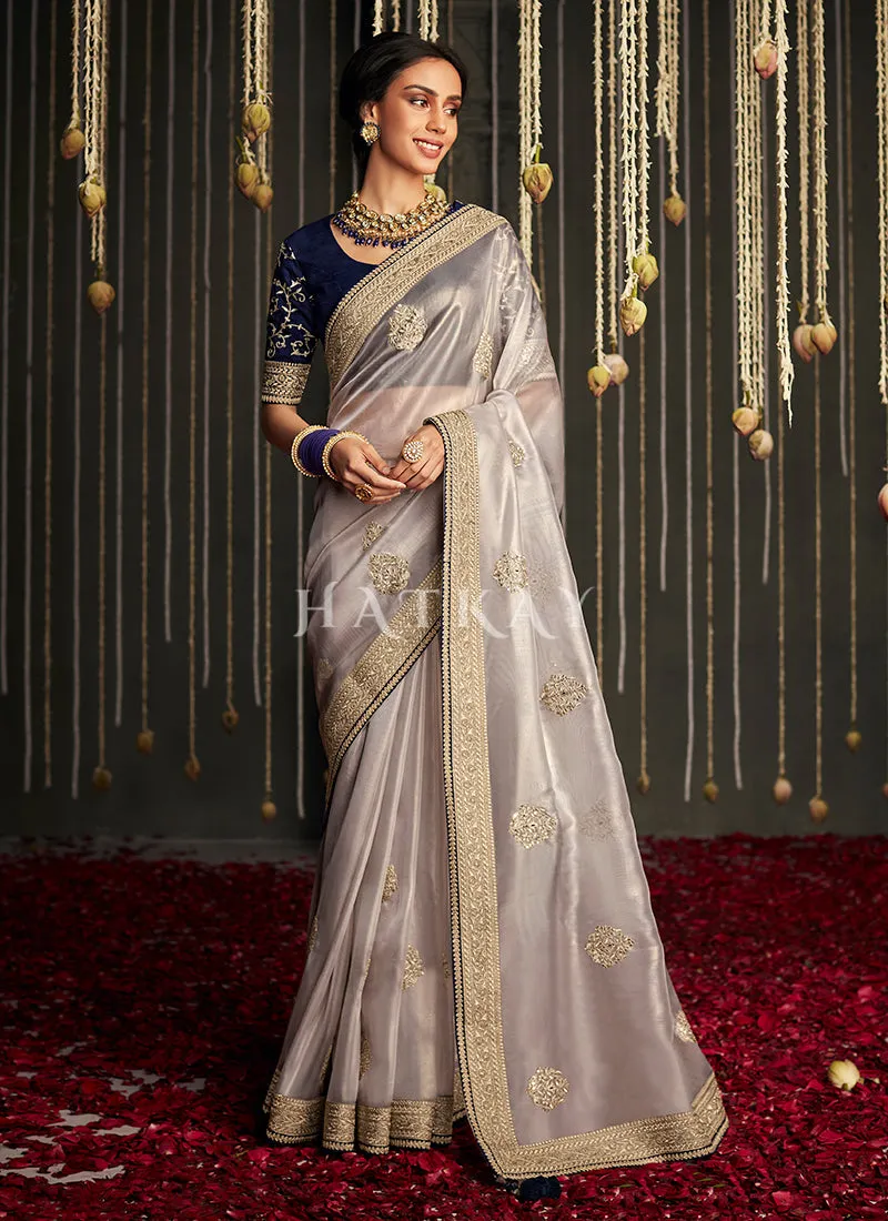 Grey And Blue Embroidered Organza Silk Saree