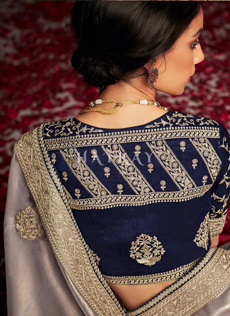 Grey And Blue Embroidered Organza Silk Saree