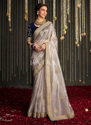Grey And Blue Embroidered Organza Silk Saree