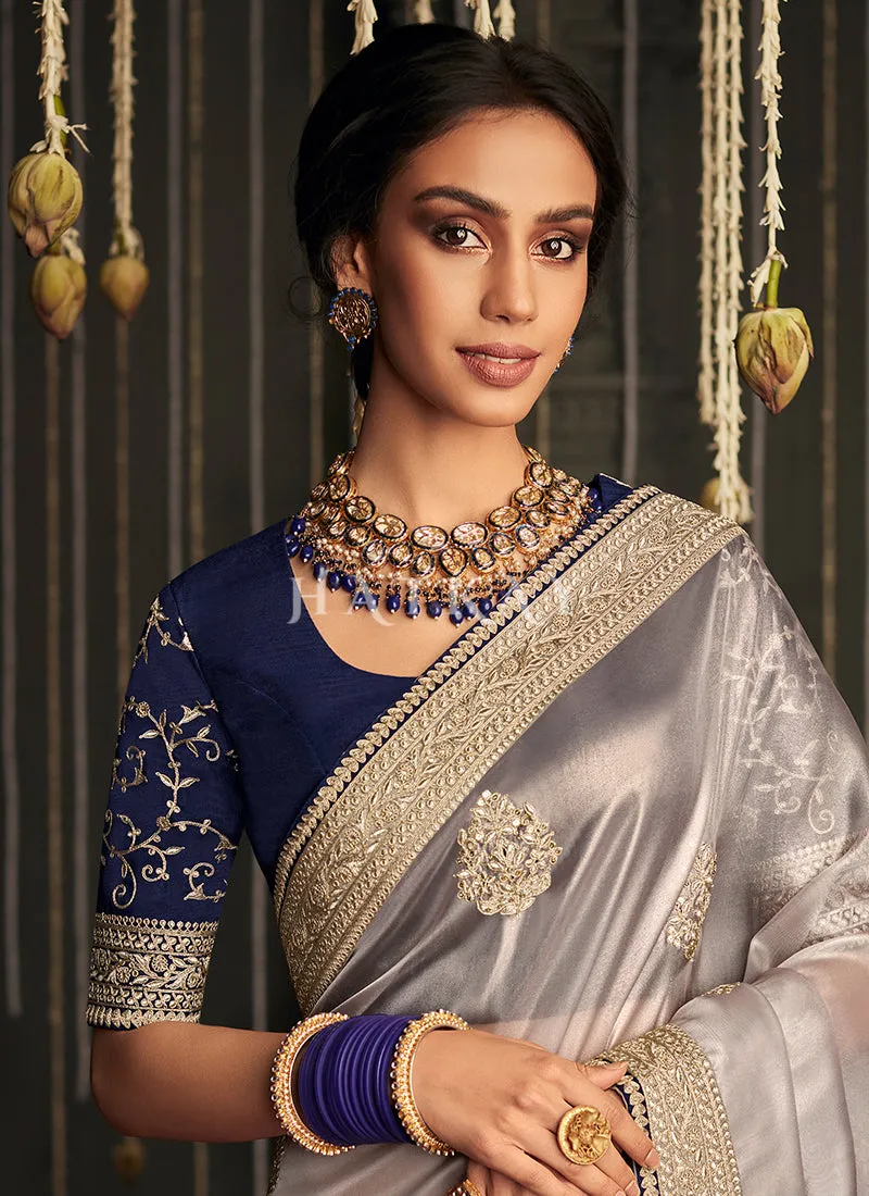 Grey And Blue Embroidered Organza Silk Saree