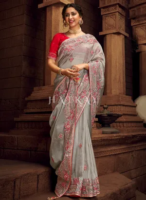 Grey And Red Multi Embroidered Partywear Saree