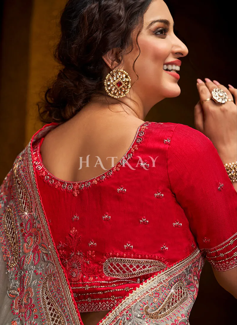 Grey And Red Multi Embroidered Partywear Saree