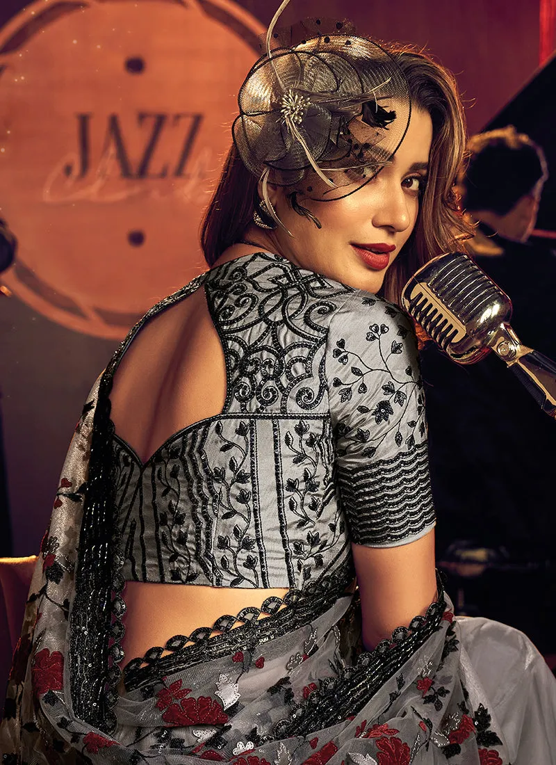 Grey Appliqué And Sequence Embroidery Partywear Saree