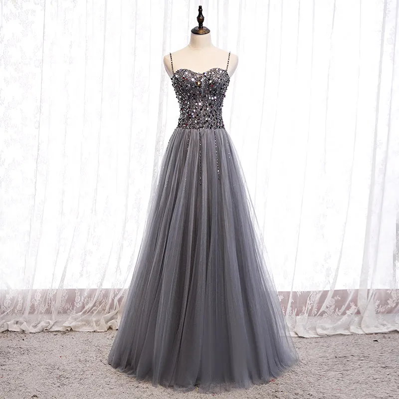 Grey Beaded Straps Sweetheart Shiny Tulle Long Party Dresses, Grey Long Prom Dresses