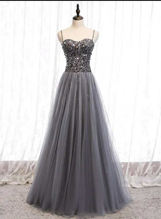 Grey Beaded Straps Sweetheart Shiny Tulle Long Party Dresses, Grey Long Prom Dresses