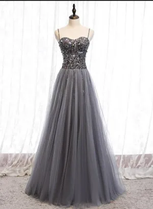 Grey Beaded Straps Sweetheart Shiny Tulle Long Party Dresses, Grey Long Prom Dresses