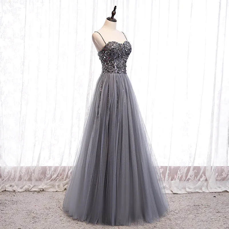 Grey Beaded Straps Sweetheart Shiny Tulle Long Party Dresses, Grey Long Prom Dresses